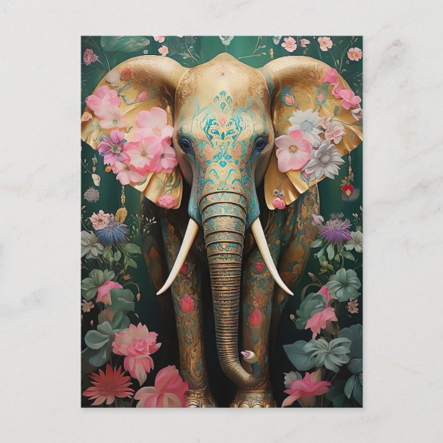 goldener Elefant mit bunten Blumen Vykort (Framsida)