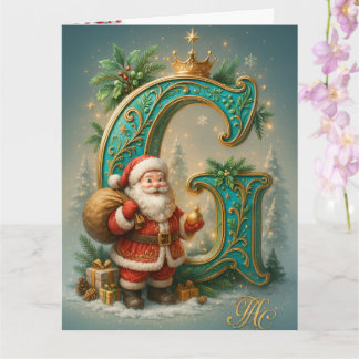 Goldenes Initial  G mit Weihnachtsmann und Krone Kort