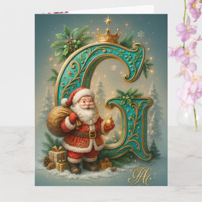  Goldenes Initial  G mit Weihnachtsmann und Krone Kort (Orkide)