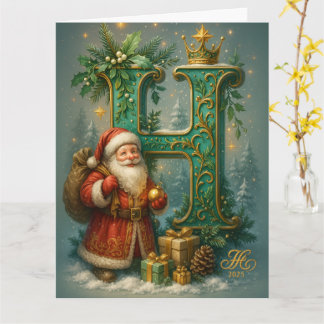  Goldenes Initial H  mit Weihnachtsmann und Krone  Kort