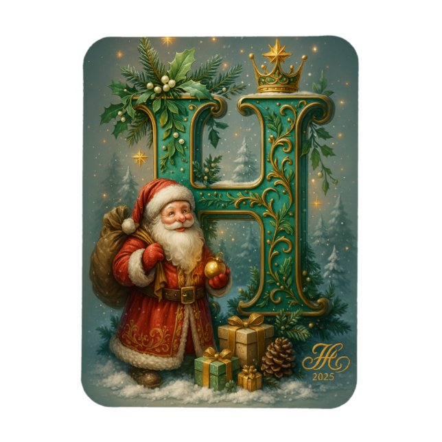  Goldenes Initial H  mit Weihnachtsmann und Krone  Magnet (Vertikal)