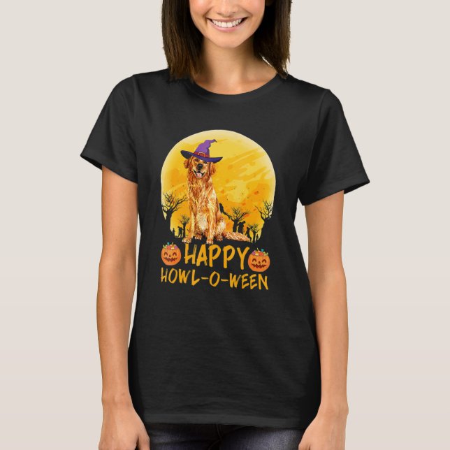 Goldenn Witch Måne Halloween Lycklig Howl o ween T Shirt (Framsida)