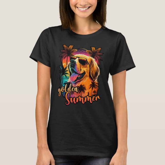 Goldenretriever Sunset with Palmtrees golden Summe T Shirt (Framsida)
