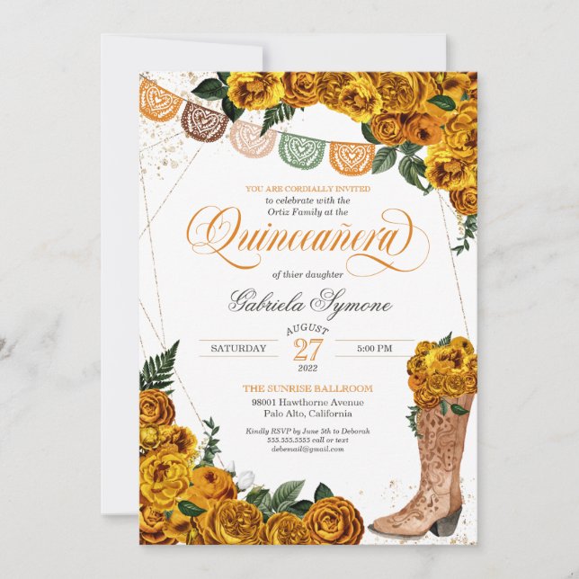 Goldenrod Gul ros Charra Cowgirl Quinceañera Inbjudningar (Framsida)