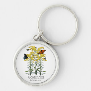 Goldenrod Solidago Wildblommor och pollinatorer Rund Silverfärgad Nyckelring