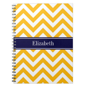 Goldenrod White LG Chevron Navy Blue Namn Monogram Anteckningsbok Med Spiral