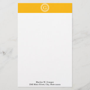Goldenrod Wht Grekiska Nyckel Rnd Ram Initial Mono Brevpapper