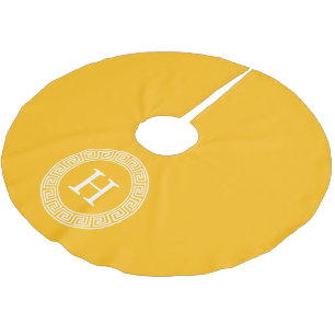 Goldenrod Wht Grekiska Nyckel Rnd Ram Initial Mono Julgransmatta Borstad Polyester