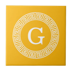 Goldenrod Wht Grekiska Nyckel Rnd Ram Initial Mono Kakelplatta