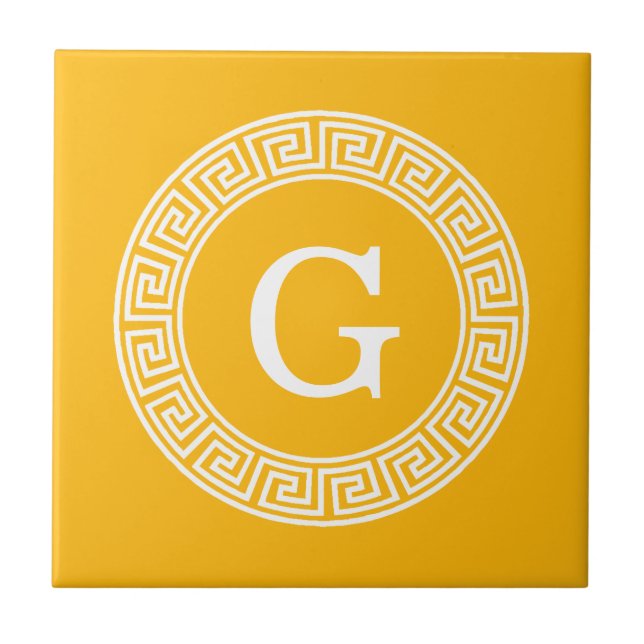 Goldenrod Wht Grekiska Nyckel Rnd Ram Initial Mono Kakelplatta (Framsidan)