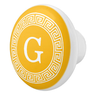 Goldenrod Wht Grekiska Nyckel Rnd Ram Initial Mono Knopp
