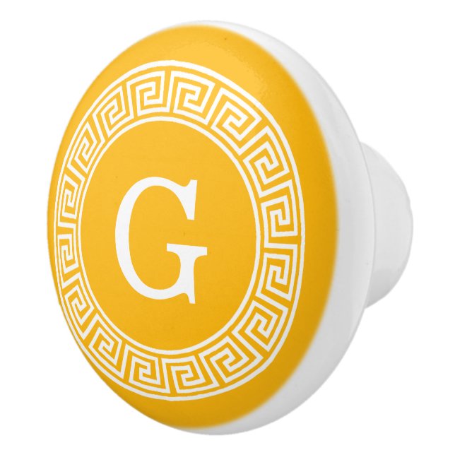 Goldenrod Wht Grekiska Nyckel Rnd Ram Initial Mono Knopp (Höger)