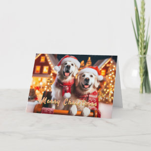 Goldens i ett Sleigh som väntar på julkort Helgkort