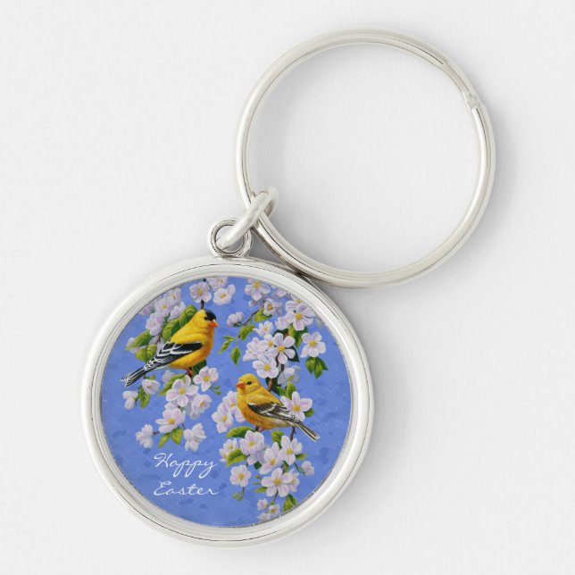 Goldfinch Birds and Flowers Blue Rund Silverfärgad Nyckelring (Framsidan)