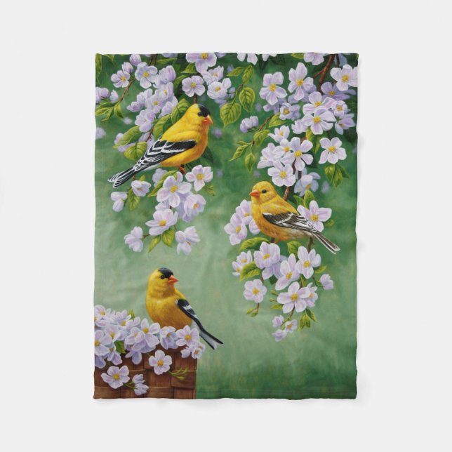 Goldfinch Birds & Apple Blommar Flowers Fleecefilt (Framsidan)
