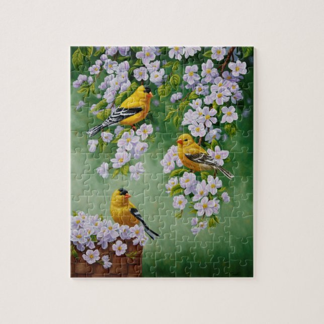 Goldfinch Birds & Apple Blommar Flowers Pussel (Vertikal)