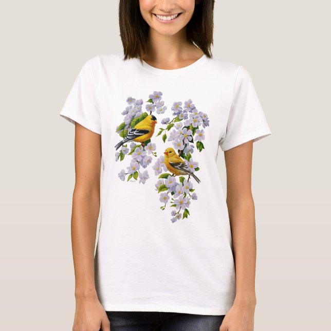 Goldfinch Birds & Flowers U-Plocka Background Färg Tee Shirt (Framsida)