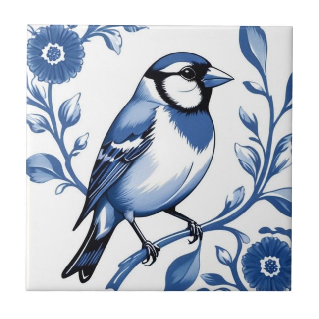 Goldfinch Delft Blue and White Blommigt Finch Bird Kakelplatta (Framsidan)