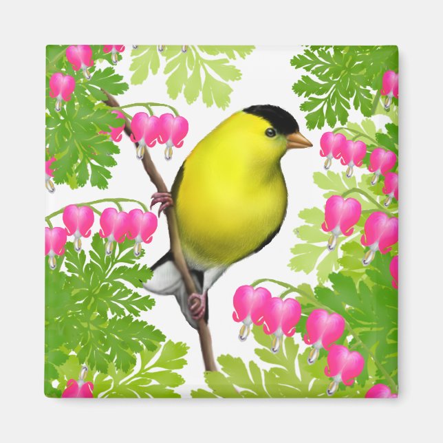 Goldfinch i Bleeding Heart Flowers Magnet (Framsidan)