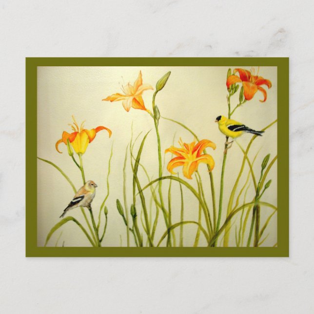 Goldfinch- och Daylillies-vykort Vykort (Framsida)
