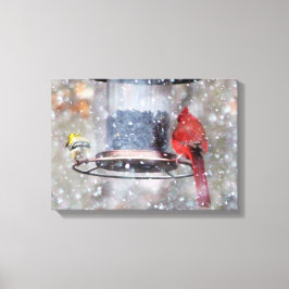 Goldfinch och kardinal vid feeder canvastryck