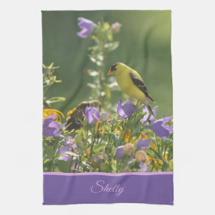 Goldfinch på en Harebell Flower Kökshandduk