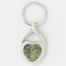 Goldfinch på en Harebell Flower Twisted Heart Silverfärgad Nyckelring