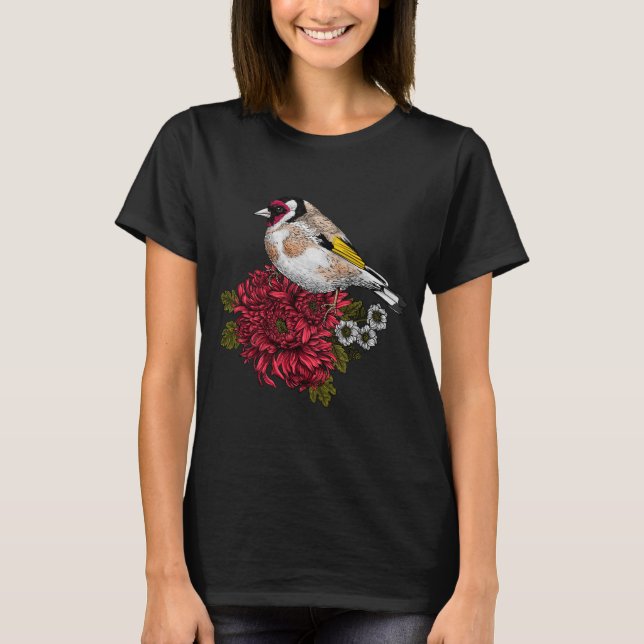 Goldfinch på krysanthemum bouquet t shirt (Framsida)