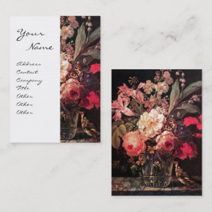 GOLDFINCH, ROSA ROS, BUTTERFLY Blommigt Red White Visitkort