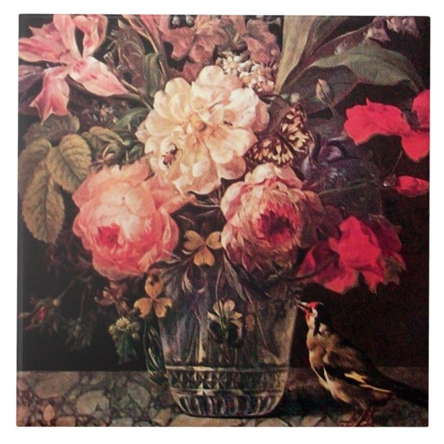 GOLDFINCH,ROSA ROS OCH BUTTERFLIT KAKELPLATTA (Framsidan)