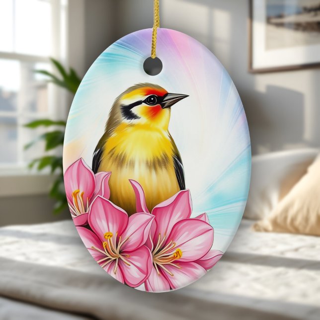 Goldfinch Washington State Bird with Rosa Azaleas Julgransprydnad Keramik (Ornament of a Goldfinch perched among pink azalea flowers, a Spring songbird memento for bird lovers)
