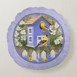 Goldfinches & Cute Birdhouse Lavender Rund Kudde