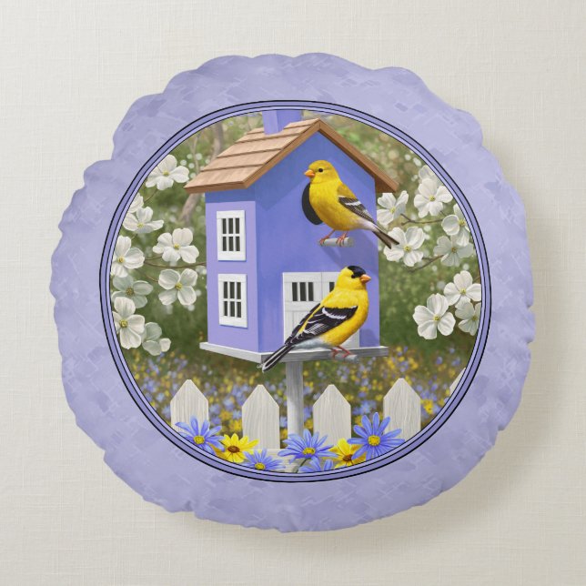 Goldfinches & Cute Birdhouse Lavender Rund Kudde (Framsidan)