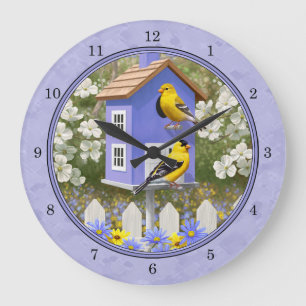 Goldfinches & Cute Birdhouse Lavender Stor Klocka