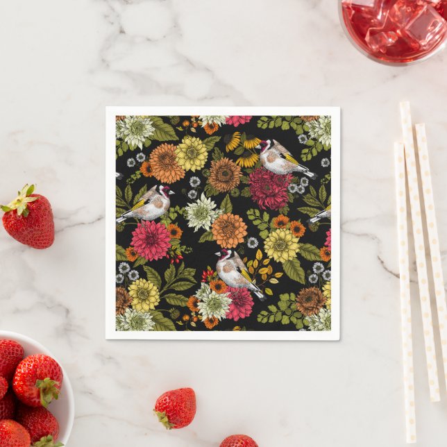 Goldfinches i trädgården på svart pappersservett (Insitu)