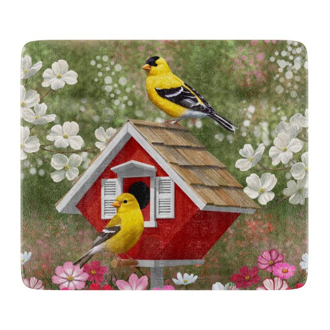 Goldfinches och Cute Cottage Birdhouse (Framsidan)