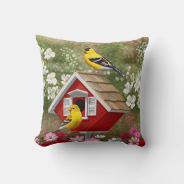 Goldfinches och Cute Cottage Birdhouse Kudde