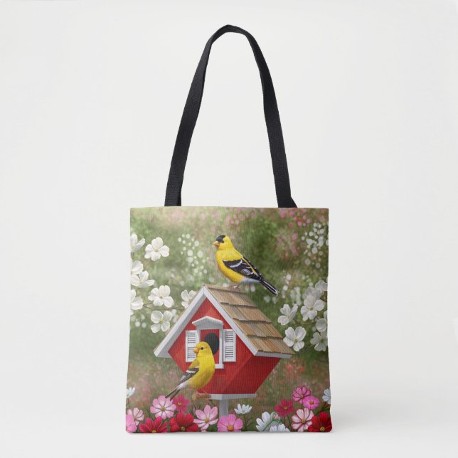 Goldfinches och Cute Cottage Birdhouse Tygkasse (Framsida)