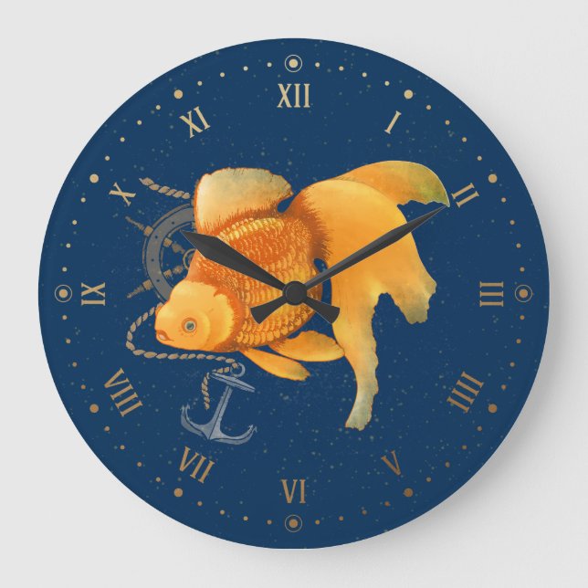 Goldfish Anchor Frakt Wheel Nautical Wall Clock Stor Klocka (Framsida)