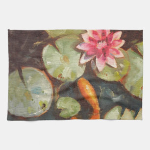 Goldfish Koi Pond Vatten Lilies Kökshandduk