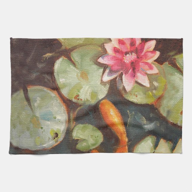 Goldfish Koi Pond Vatten Lilies Kökshandduk (Horisontell)