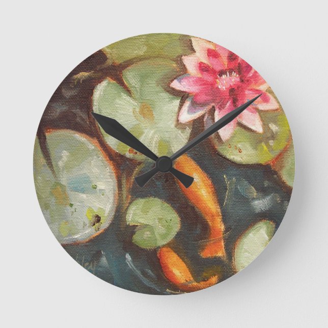 Goldfish Koi Pond Vatten Lilies Rund Klocka (Framsida)