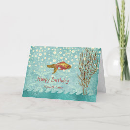Goldfish Teal Pearl Confetti Sjögräs Birthday Kort