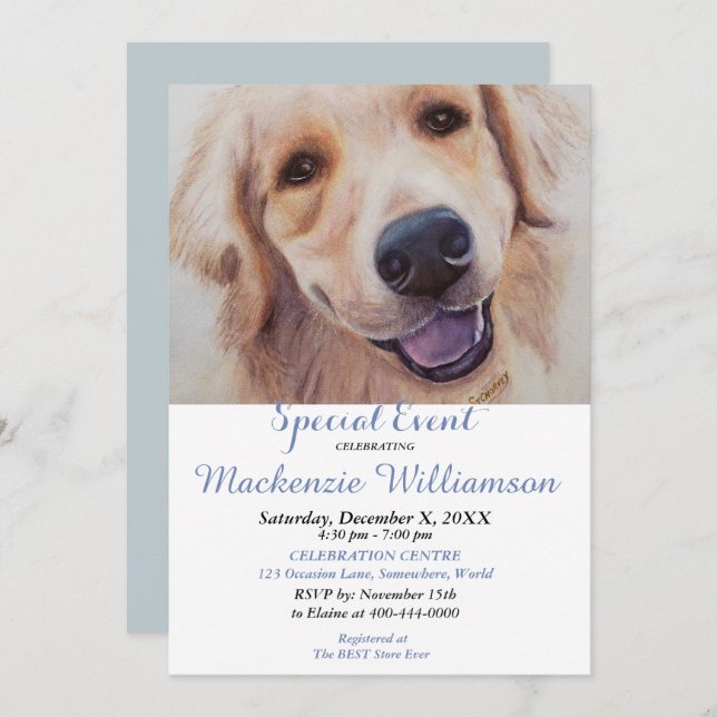 GOLDLEN LAB ÖNSKEMÅL GRATTIS PÅ FÖDELSEDAGEN INBJUDNINGAR (Fram/baksida)