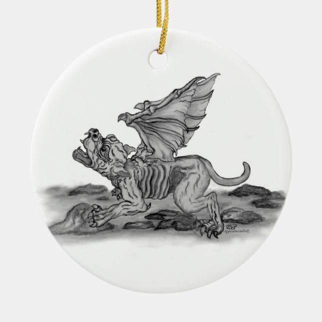 Golem Gargoyle schwarz weiss Zeichnung Julgransprydnad Keramik (Framsidan)