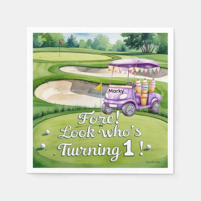 Golf 1:a födelsedag med Golf Cart på instickande G Pappersservett (Framsidan)