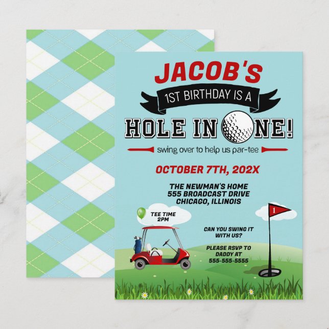 Golf 1:a födelsedagsinbjudan inbjudan vykort (Fram/baksida)
