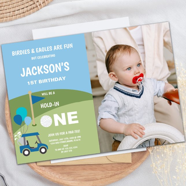 Golf 1:a födelsedagsinbjudan med foto inbjudningar (Golf 1st Birthday Invitations with photo)