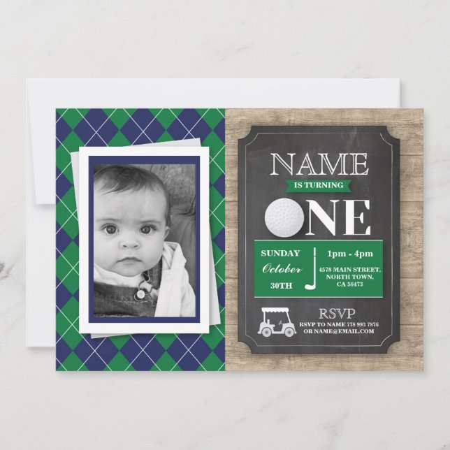 Golf 1:a första 1-Födelsedagsfesten Foto Inbjudan (Framsida)