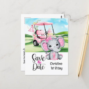 Golf 1-års födelsedag elefant och Rosa golfvagn Vykort